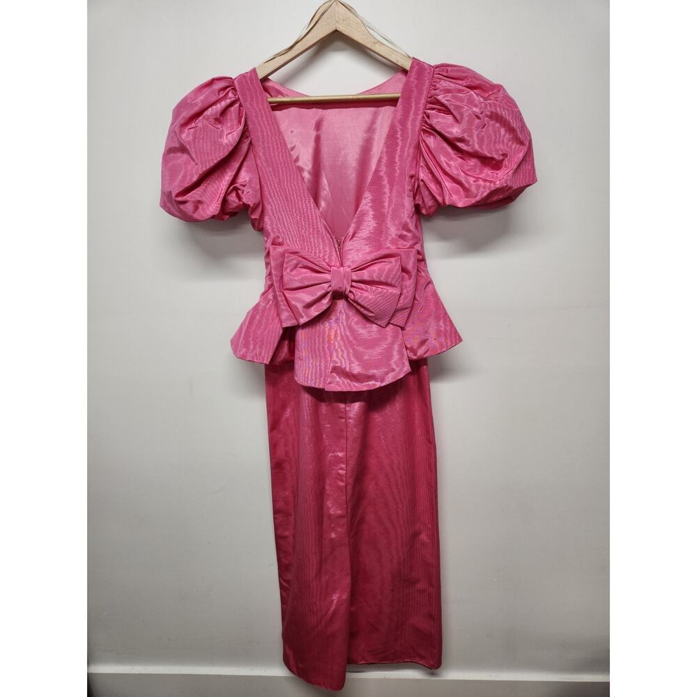 Vintage Women's 80s Barbie Pink Puff Sleeves Peplum & Bow Maxi Dress, Sz 7/8 Sm